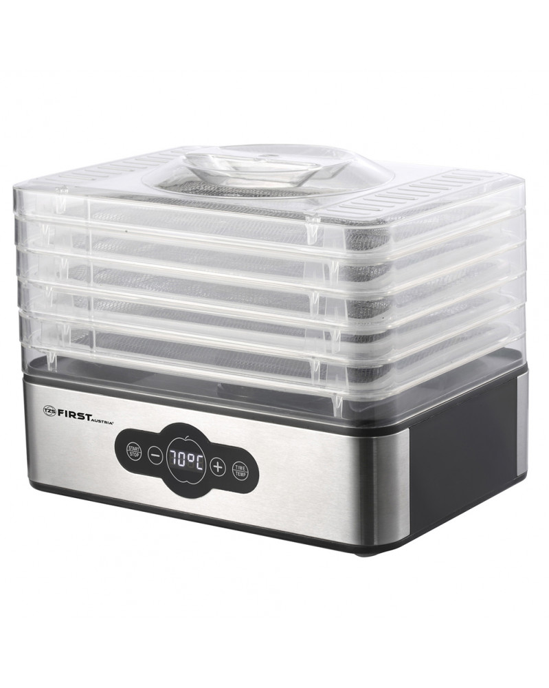 Deshidrator alimente TZS First Austria FA-5126-6, 240 W, 5 tavi, 35-70°C, temporizator, ventilator integrat, inox